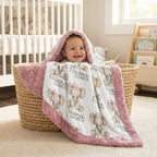 Baby wrapped in personalized elephant minky blanket with pink trim, held in wicker basket