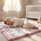 Toddler sleeping on personalized elephant baby blanket with pink minky trim in nursery