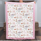Folded personalized farm animal minky baby blanket styled flat lay