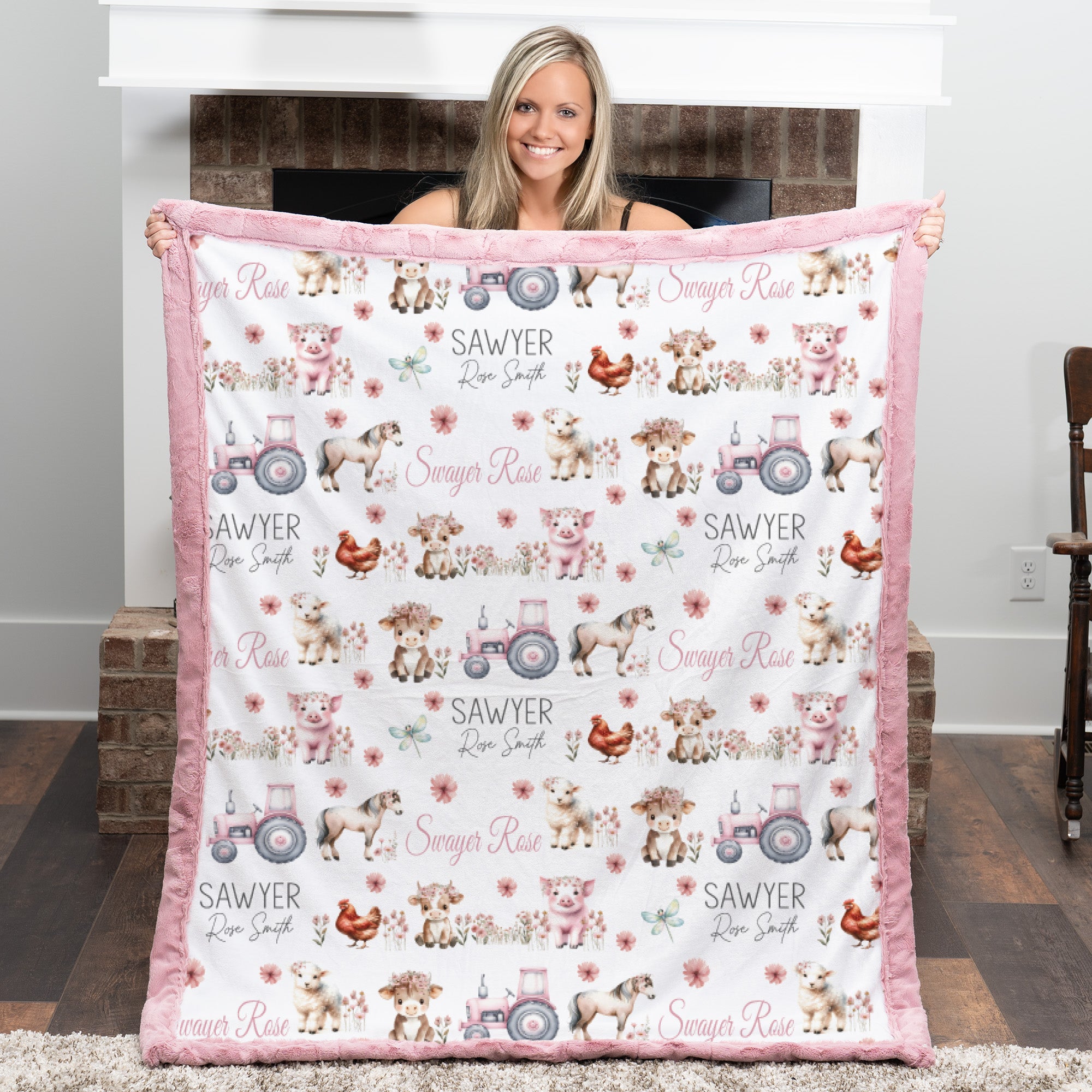 Personalized farm animal minky baby blanket laid flat showing full pattern and embroidered name