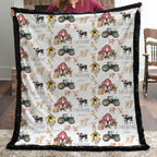 Woman holding personalized farm minky blanket with black trim