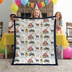 Girl holding personalized farm minky blanket with navy trim at birthday party