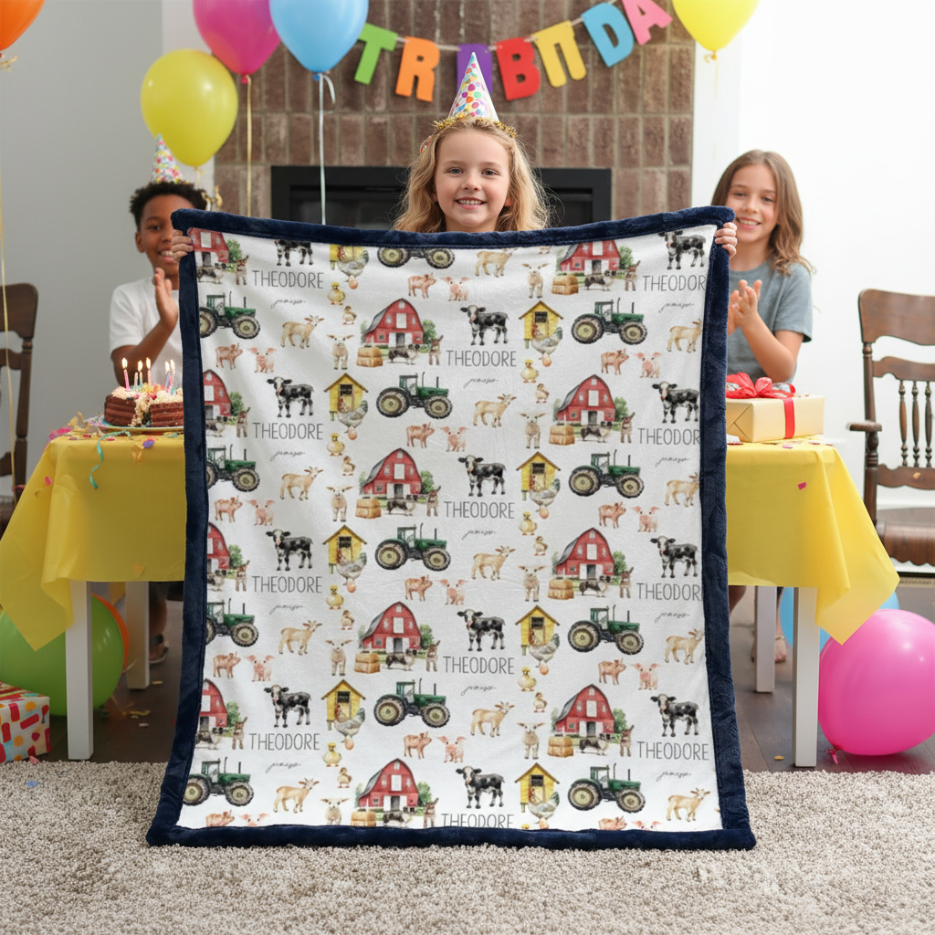 Girl holding personalized farm minky blanket with navy trim at birthday party