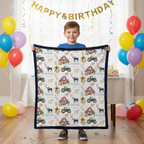 Boy holding personalized farm minky blanket with navy trim at birthday party