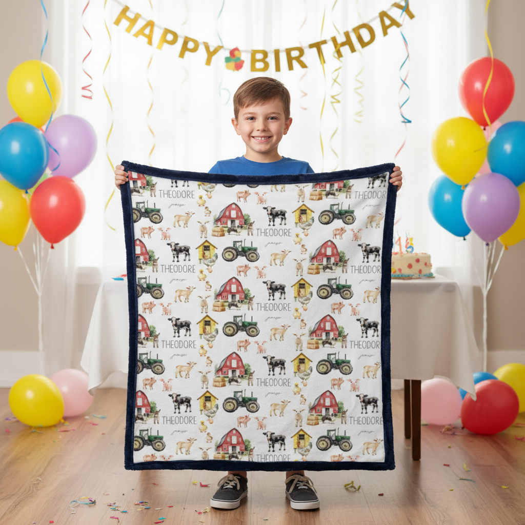 Boy holding personalized farm minky blanket with navy trim at birthday party