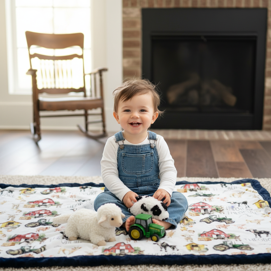 Baby sitting on personalized farm minky blanket with navy trim and stuffed animals