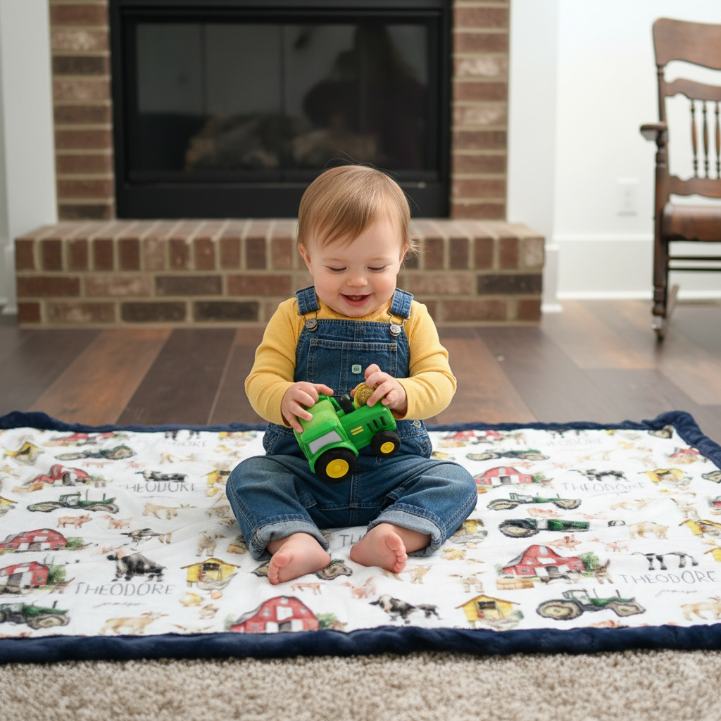 Baby sitting on personalized farm minky blanket with navy trim holding toy tractor
