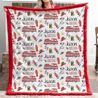 Personalized firefighter baby blanket with red faux fur border, held by woman in front of fireplace