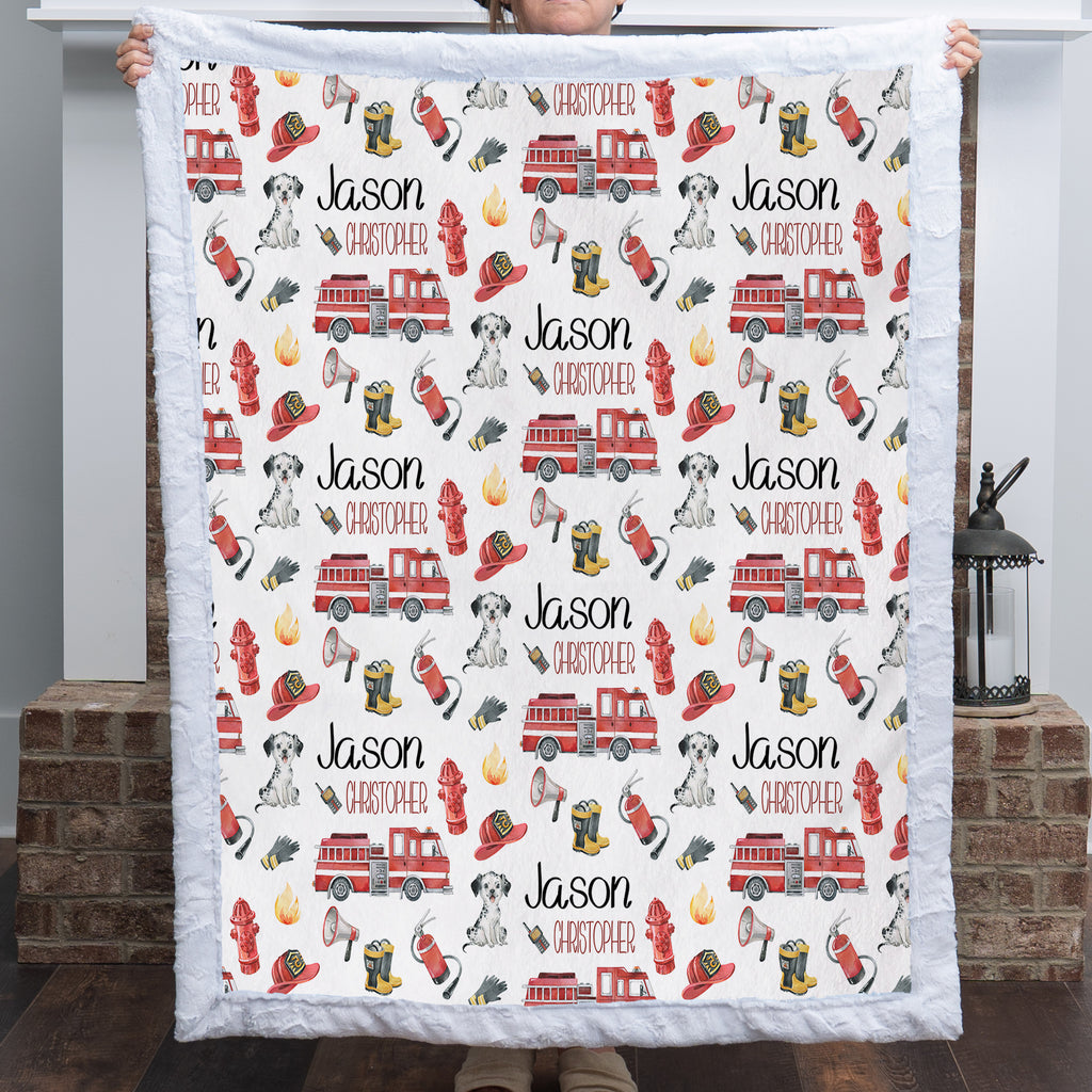 Personalized firefighter minky baby blanket with fire truck print and custom name, white faux fur border