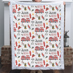 Personalized firefighter minky baby blanket with fire truck print and custom name, white faux fur border