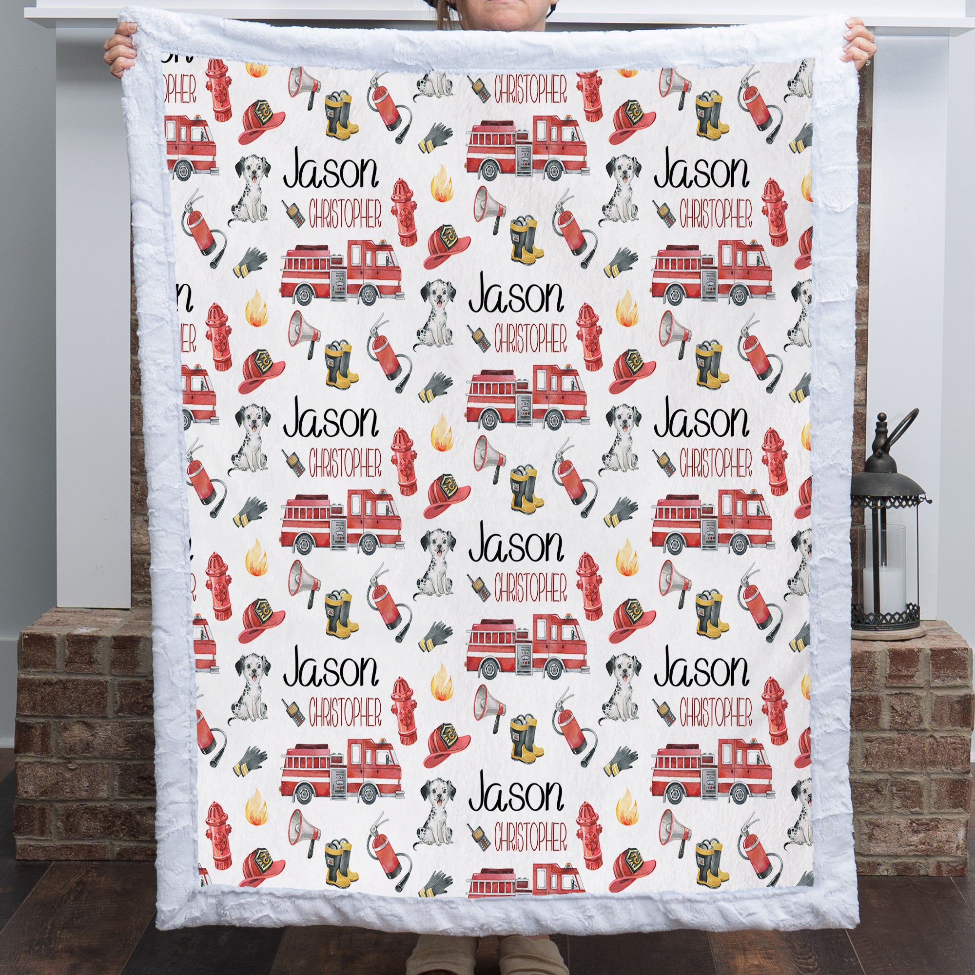 Personalized firefighter minky baby blanket with fire truck print and custom name, white faux fur border