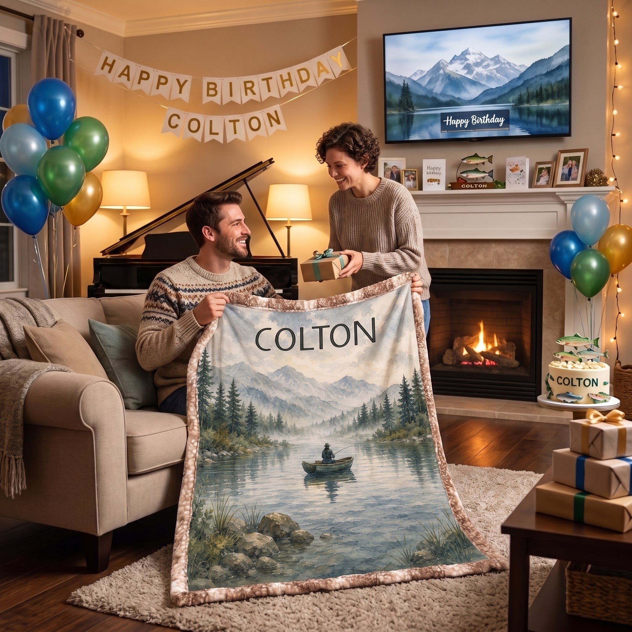 Man receiving personalized fishing lake blanket as a birthday gift in decorated living room