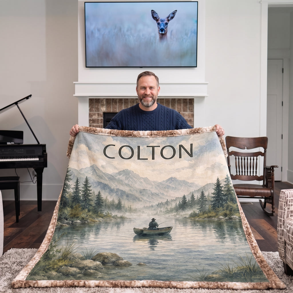 Man holding up personalized fishing lake blanket in cozy living room by the fireplace