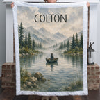 Personalized fishing lake blanket in Luxe Cuddle Minky, held up by a fireplace mantel