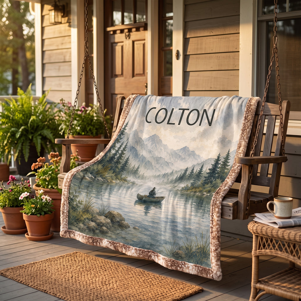 Personalized fishing lake blanket draped over a porch swing at golden hour