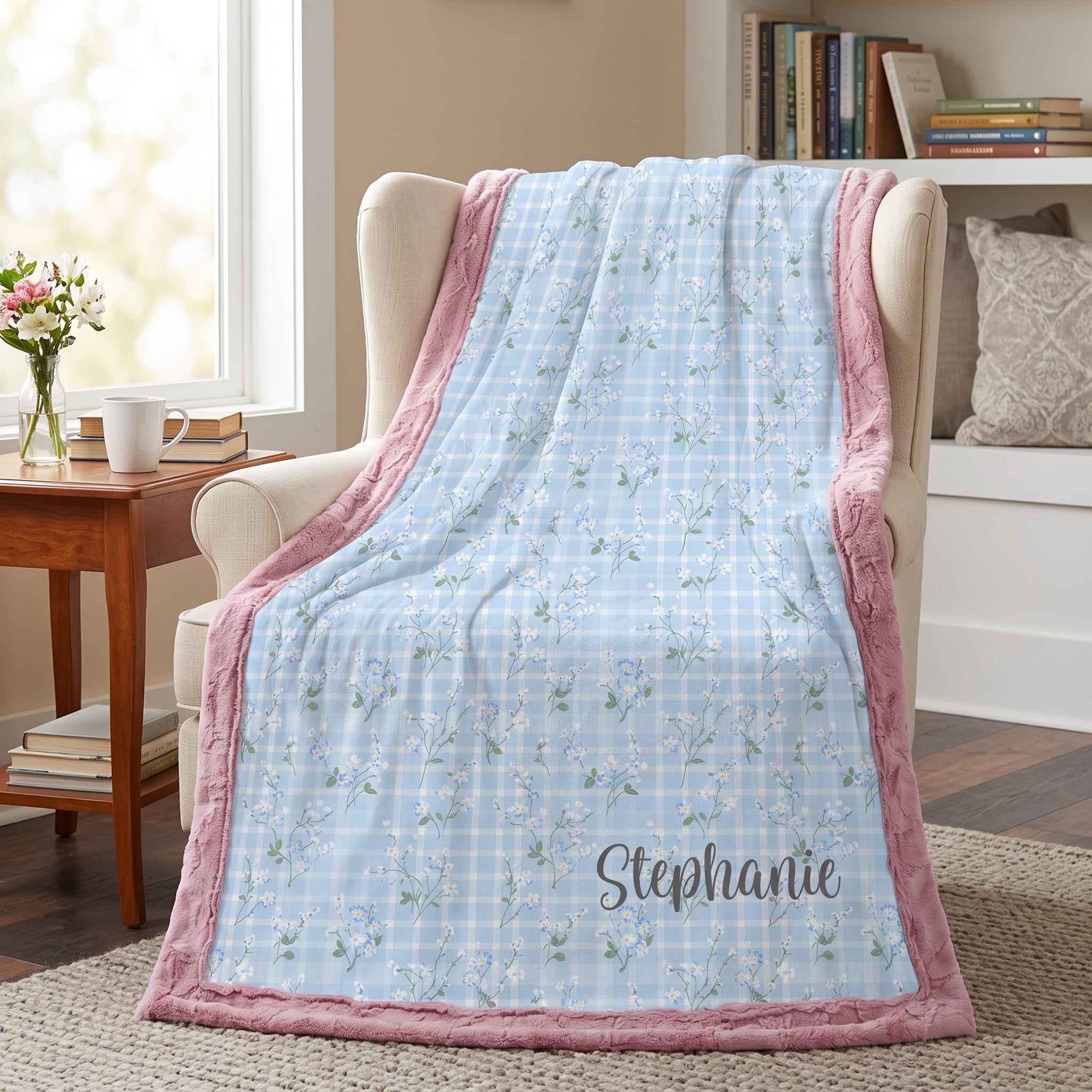 Personalized floral gingham Luxe Cuddle blanket with pink trim draped over cream armchair
