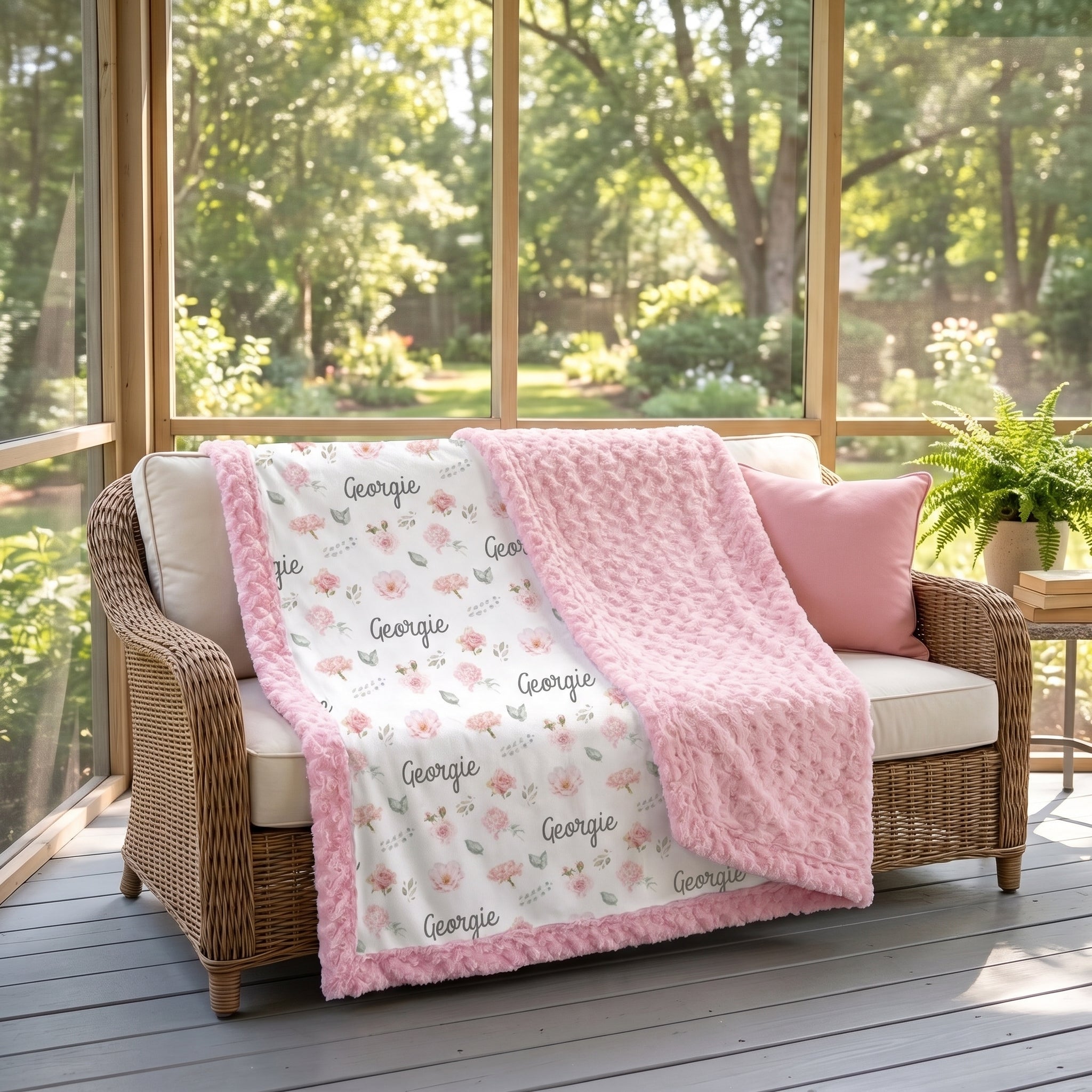 Personalized floral minky blanket draped over wicker loveseat on screened porch, pink trim