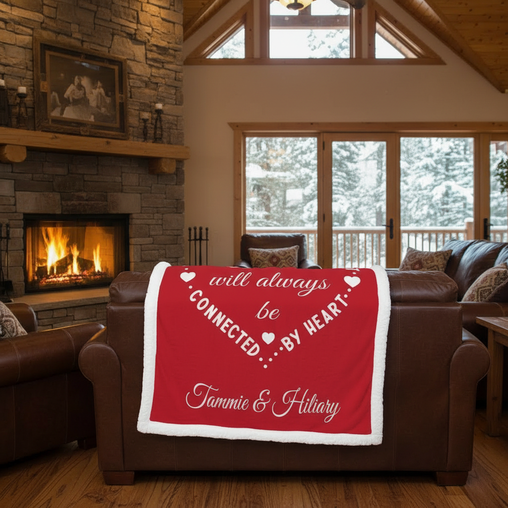 Personalized friends minky blanket with heart design draped over brown leather couch by fireplace