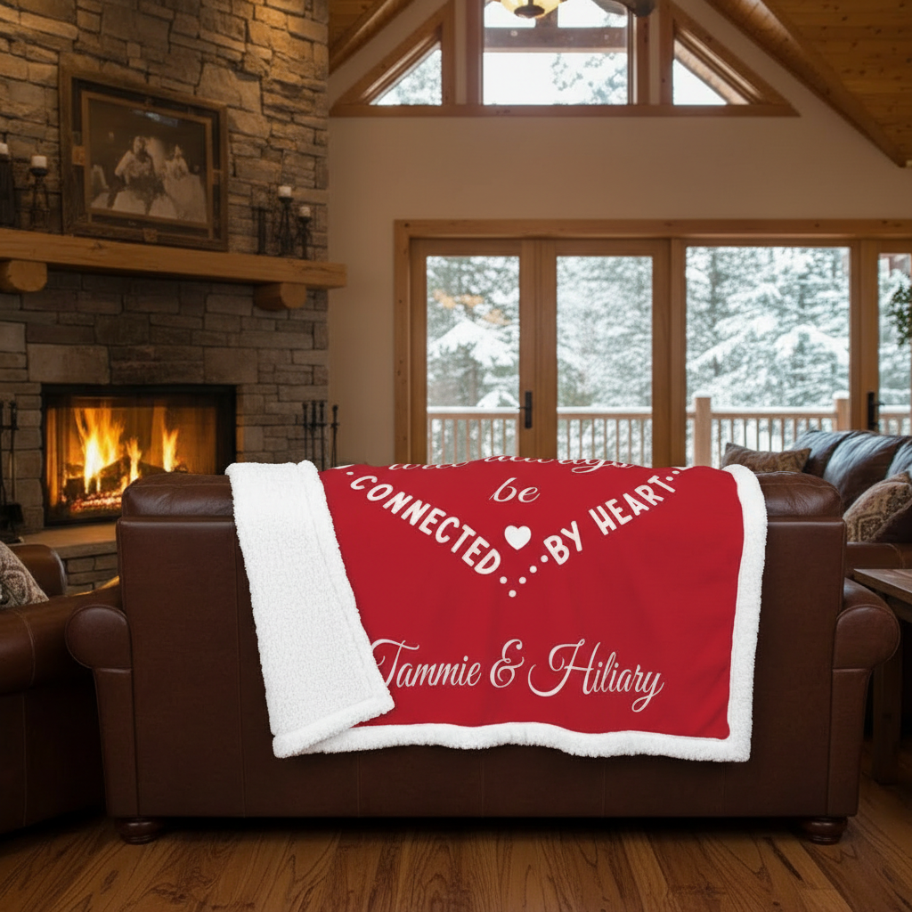 Personalized friends minky blanket draped over dark leather couch with white sherpa border