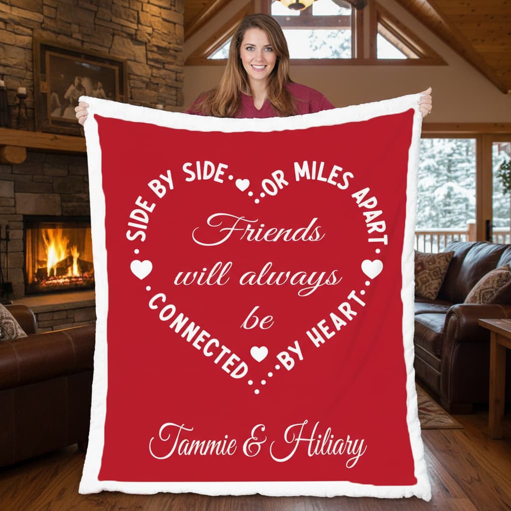 Woman holding personalized friends minky blanket with heart design by cabin fireplace
