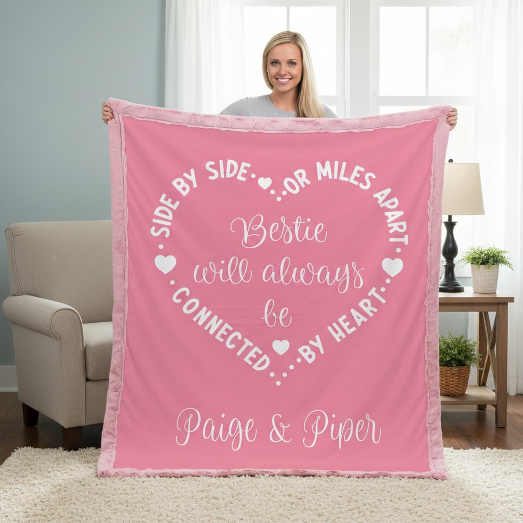 Person holding a pink blanket with text in a living room setting