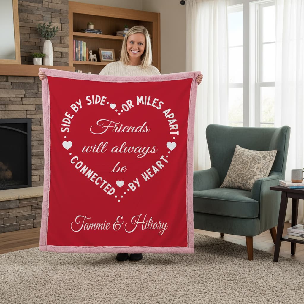 Woman holding personalized friends minky blanket with pink border in cozy reading nook