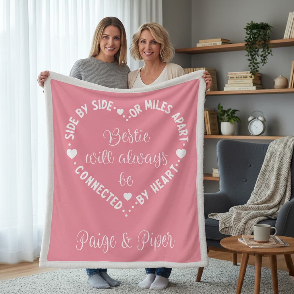 Two women holding a pink blanket with text in a living room setting.