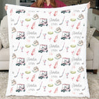 Woman holding personalized golf minky blanket with white sherpa back