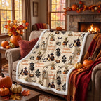 Personalized Halloween throw blanket on armchair beside fireplace with pumpkins and autumn decor