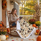 Woman on porch rocking chair with personalized Halloween family blanket on her lap