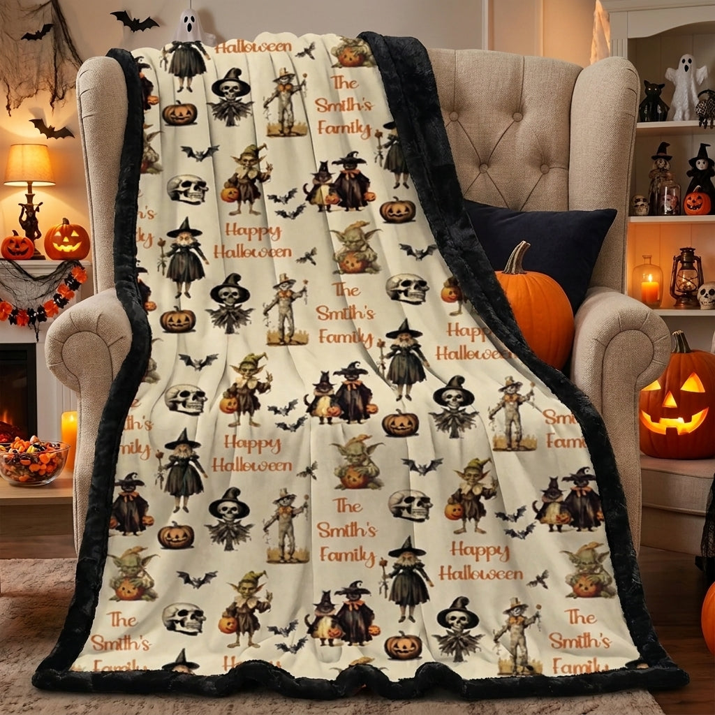 Personalized Halloween throw blanket with custom family name draped over armchair