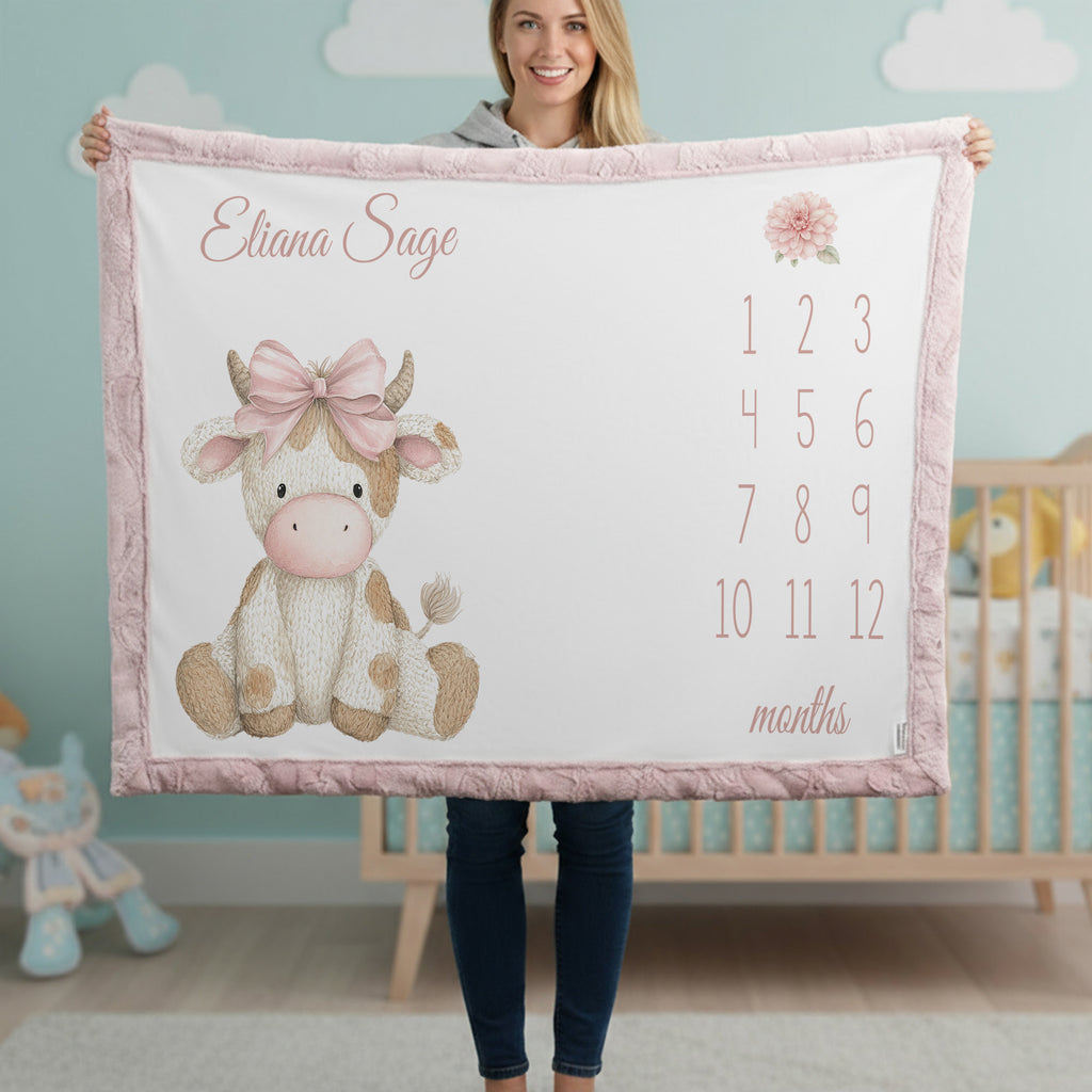 Woman holding personalized highland cow milestone baby blanket with custom name, pink faux fur trim