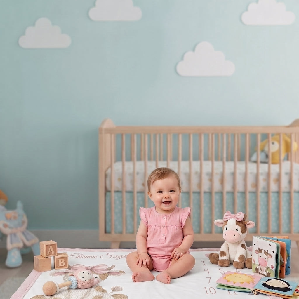 Baby girl sitting beside personalized highland cow milestone blanket in nursery with cow plush toy