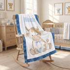 Personalized Highland cow minky baby blanket with Noah's name draped over rocking chair in nursery