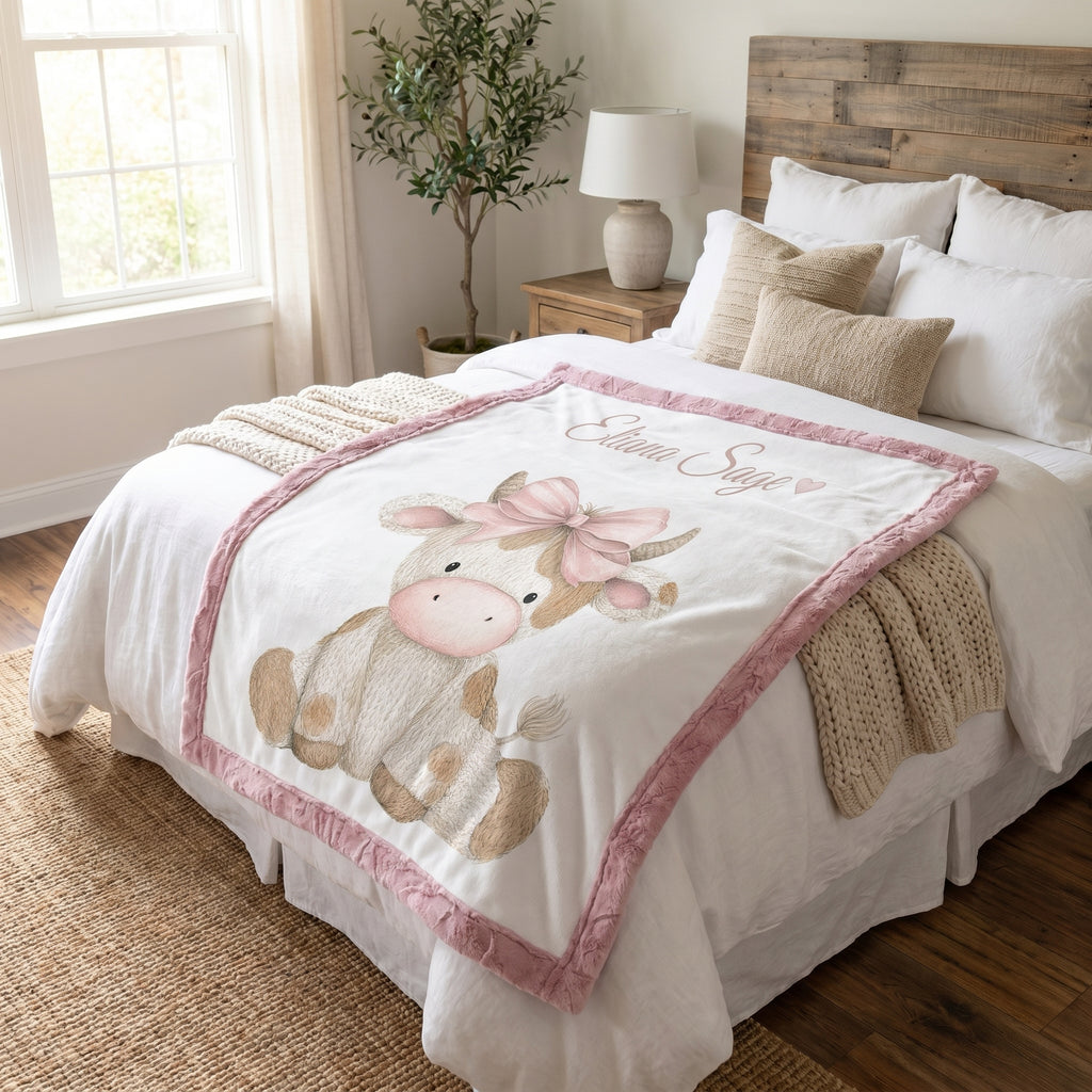 Personalized highland cow minky blanket with pink trim draped over bed with pillows