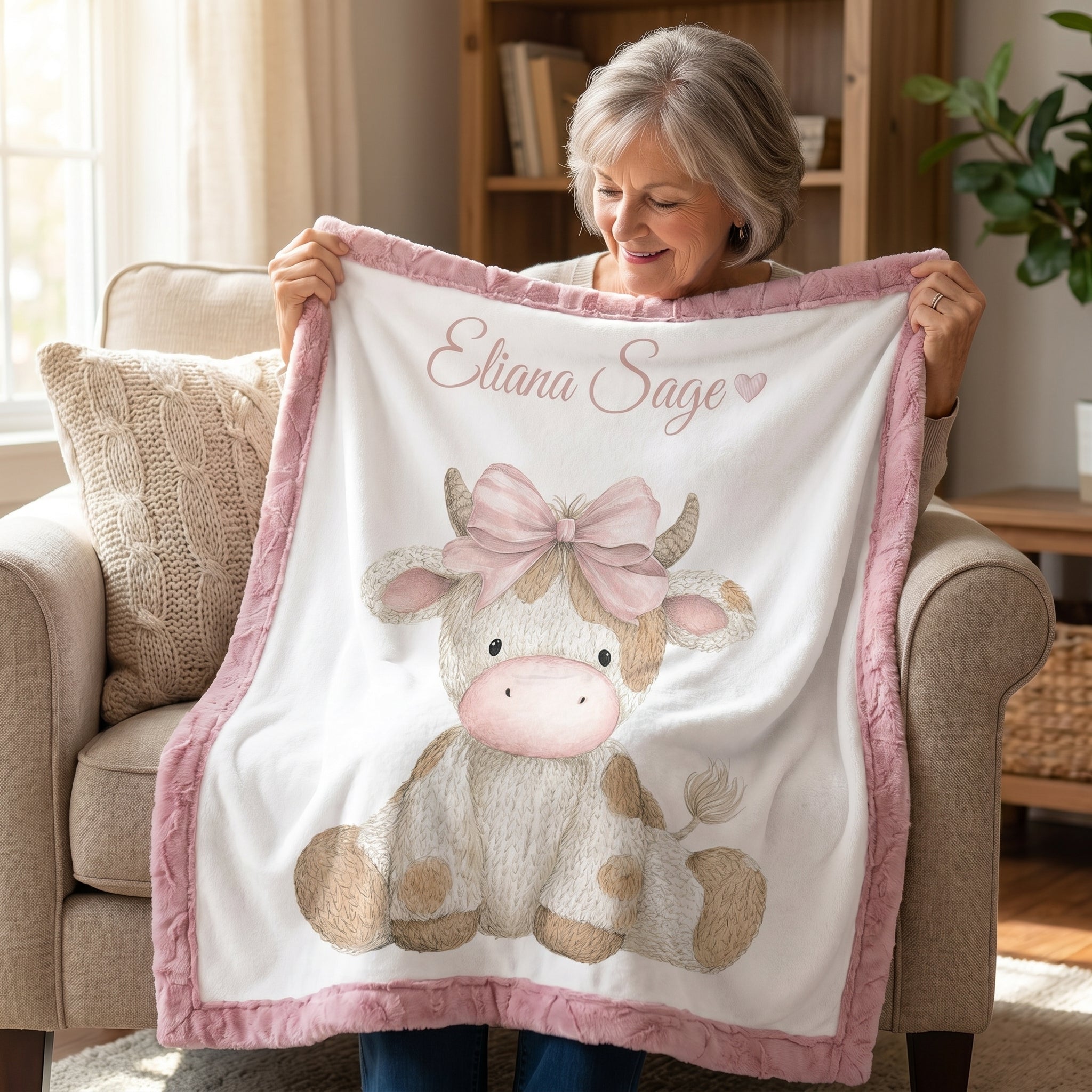 Woman holding personalized highland cow minky blanket with pink trim by bookshelf