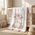Personalized highland cow minky blanket with pink trim draped over white crib rail