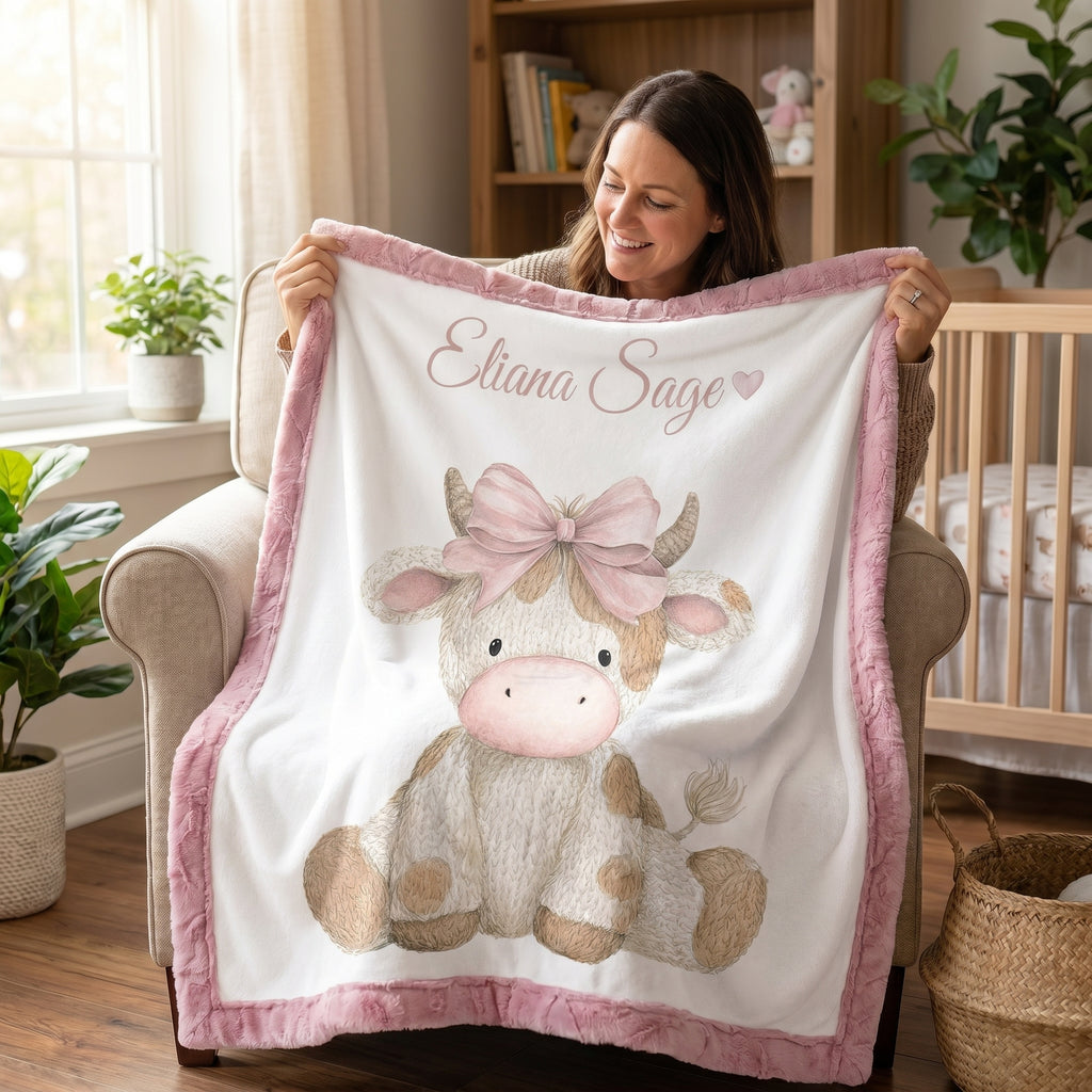 Woman holding personalized highland cow minky blanket with pink trim in nursery