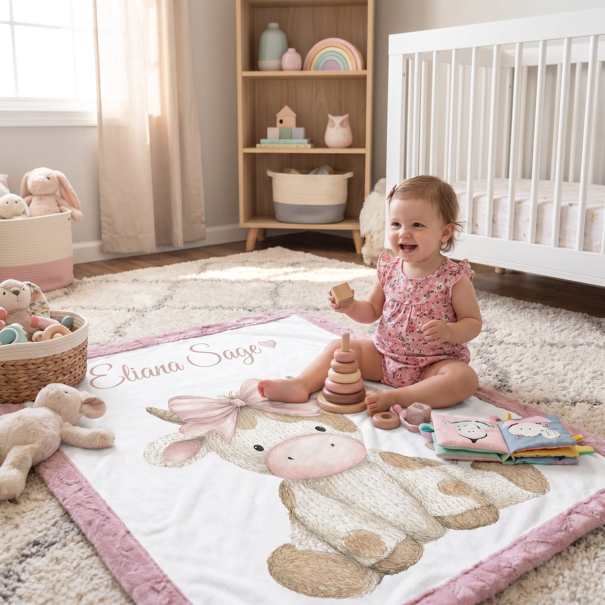 Toddler girl playing with toys on personalized highland cow minky blanket, pink trim