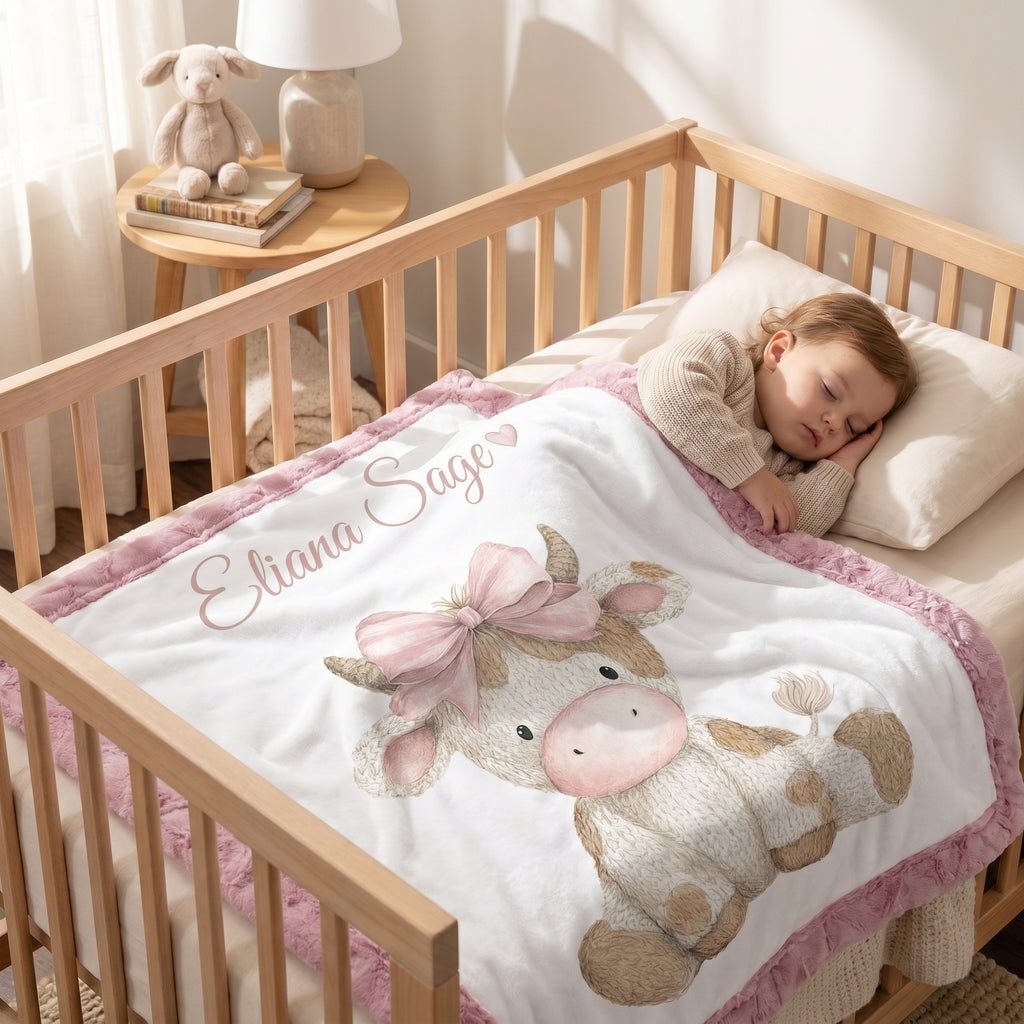 Toddler sleeping in crib wrapped in personalized highland cow minky blanket, pink trim