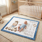 Baby lying on personalized horse milestone blanket on nursery rug near crib