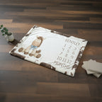 Personalized horse milestone blanket flat lay on wood floor, cow print faux fur trim