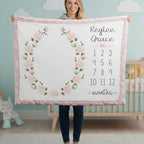 Woman holding personalized hydrangea milestone minky blanket with pink trim in cloud nursery