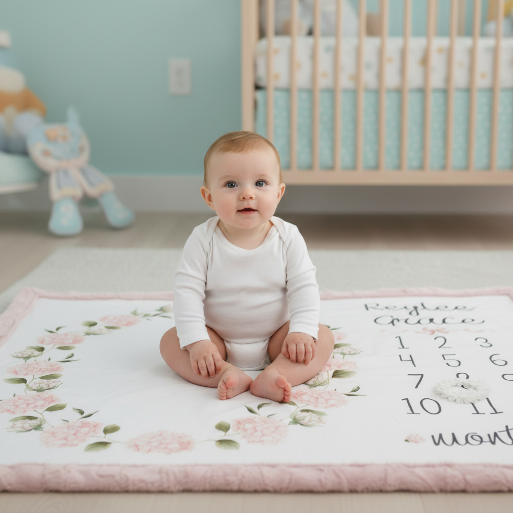 Baby sitting on personalized hydrangea milestone minky blanket with pink trim on nursery floor