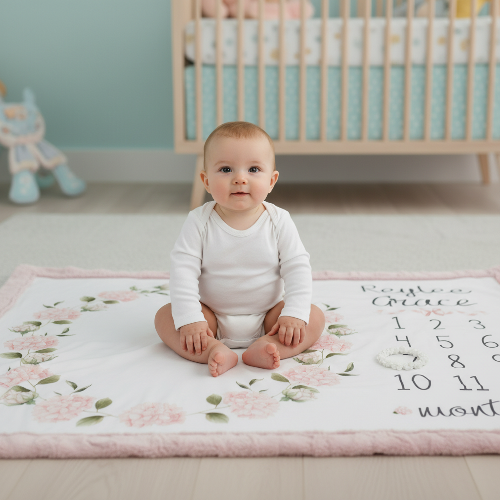 Baby sitting on personalized hydrangea milestone minky blanket with pink trim in nursery