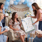 Personalized milestone minky blanket with hydrangea wreath and sage trim opened at baby shower