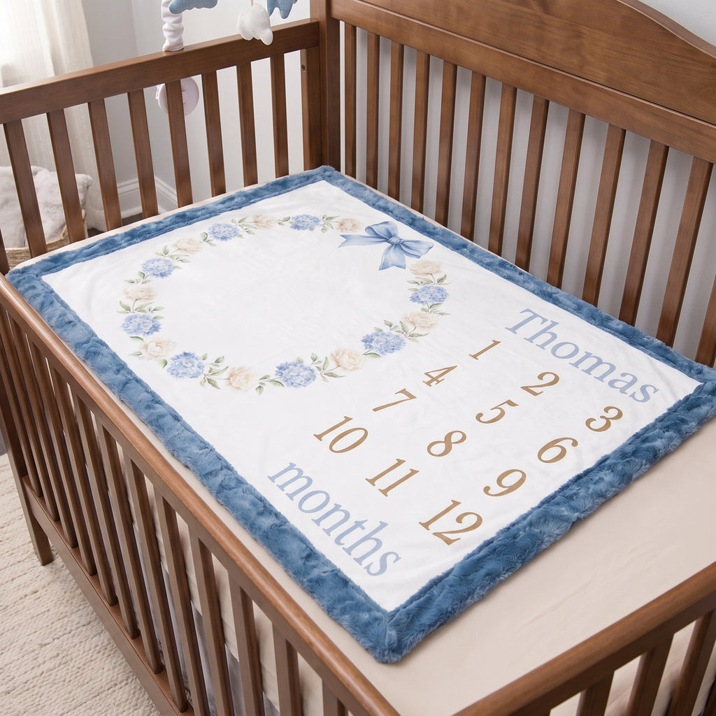 Personalized milestone minky blanket with hydrangea wreath laid flat in crib, blue trim