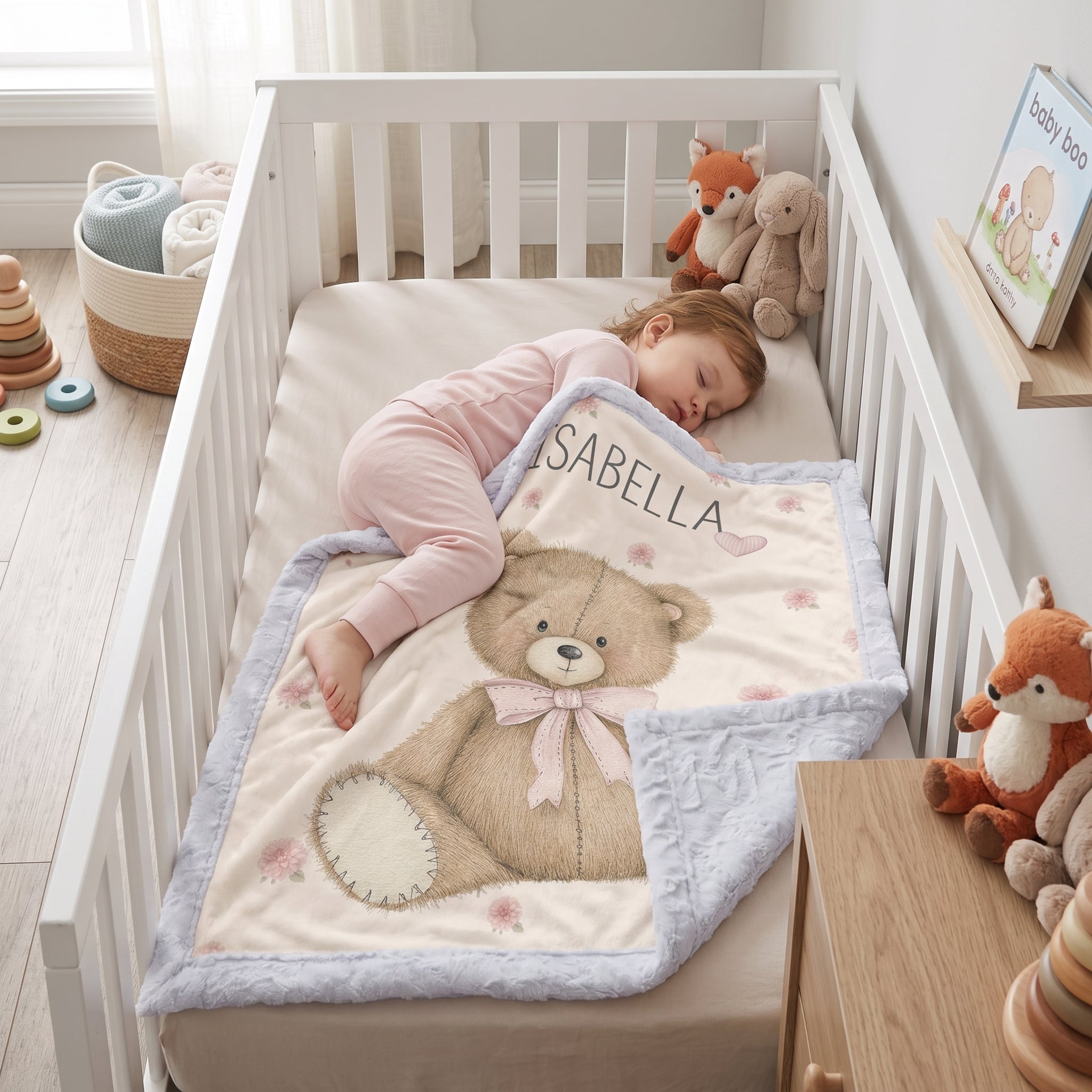 Toddler sleeping in white crib under personalized Isabella teddy bear minky baby blanket with floral print and blue border