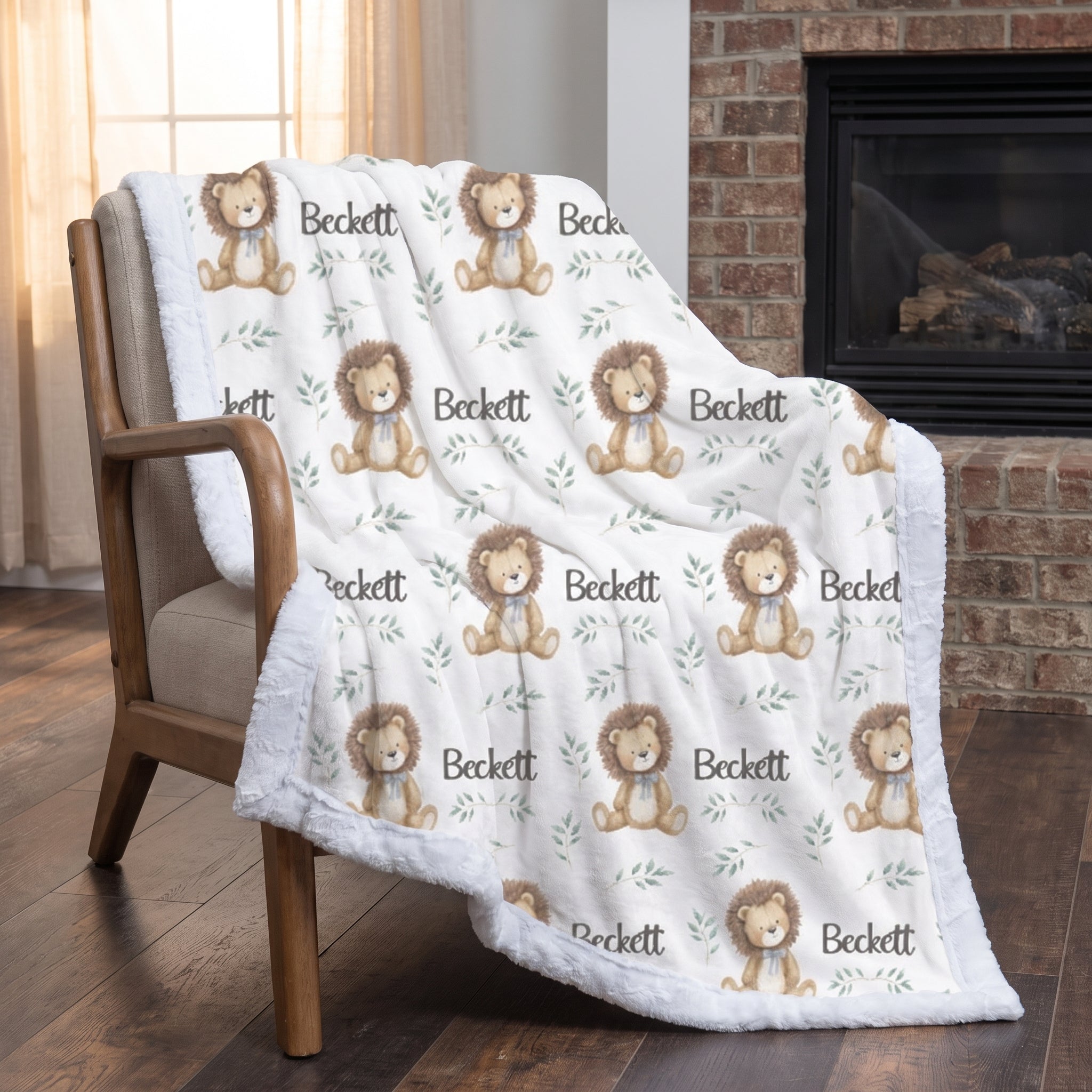 Personalized minky lion baby blanket draped over wooden armchair by brick fireplace