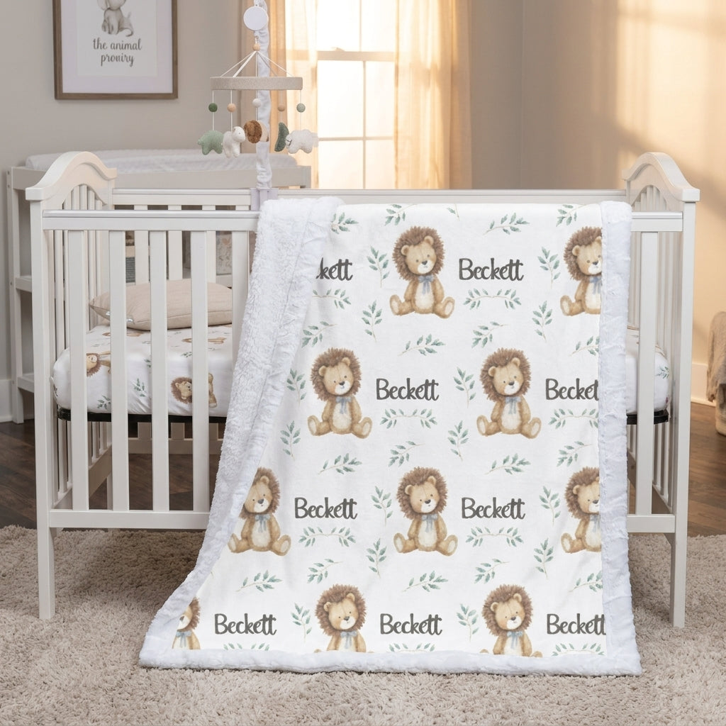 Personalized minky lion baby blanket draped over white crib rail in sunlit nursery